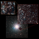 A composite image showing the location of Bedin 1 behind the globular cluster NGC 6752. The lower image depicts the complete cluster, the upper right image shows the full field of view of the area obstructing the dwarf galaxy, and the upper left image zooms in even further to show Bedin 1.